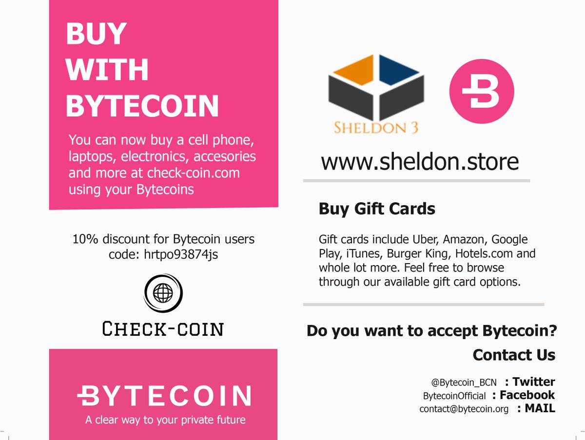 Bytecoin ecosystem is growing! Meet our new partnerships with Check-coin.com  and Sheldone.store. Two more places where you can spend your Bytecoins #ByteCoin #BCN