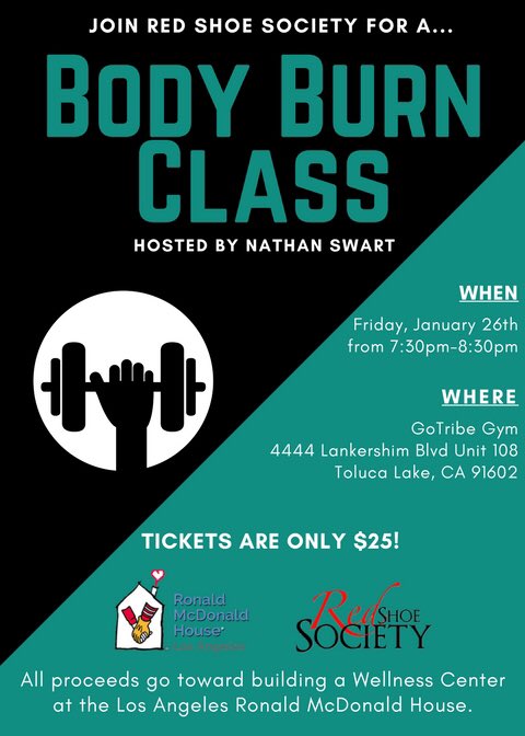 Join us for a Body Burn Class on Friday, January 26th at 7:30 pm! Proceeds go toward building a Wellness Center at the LA Ronald McDonald House, so click the link to purchase your ticket for $25! 💪🏻
give.classy.org/RSSLABodyBurn