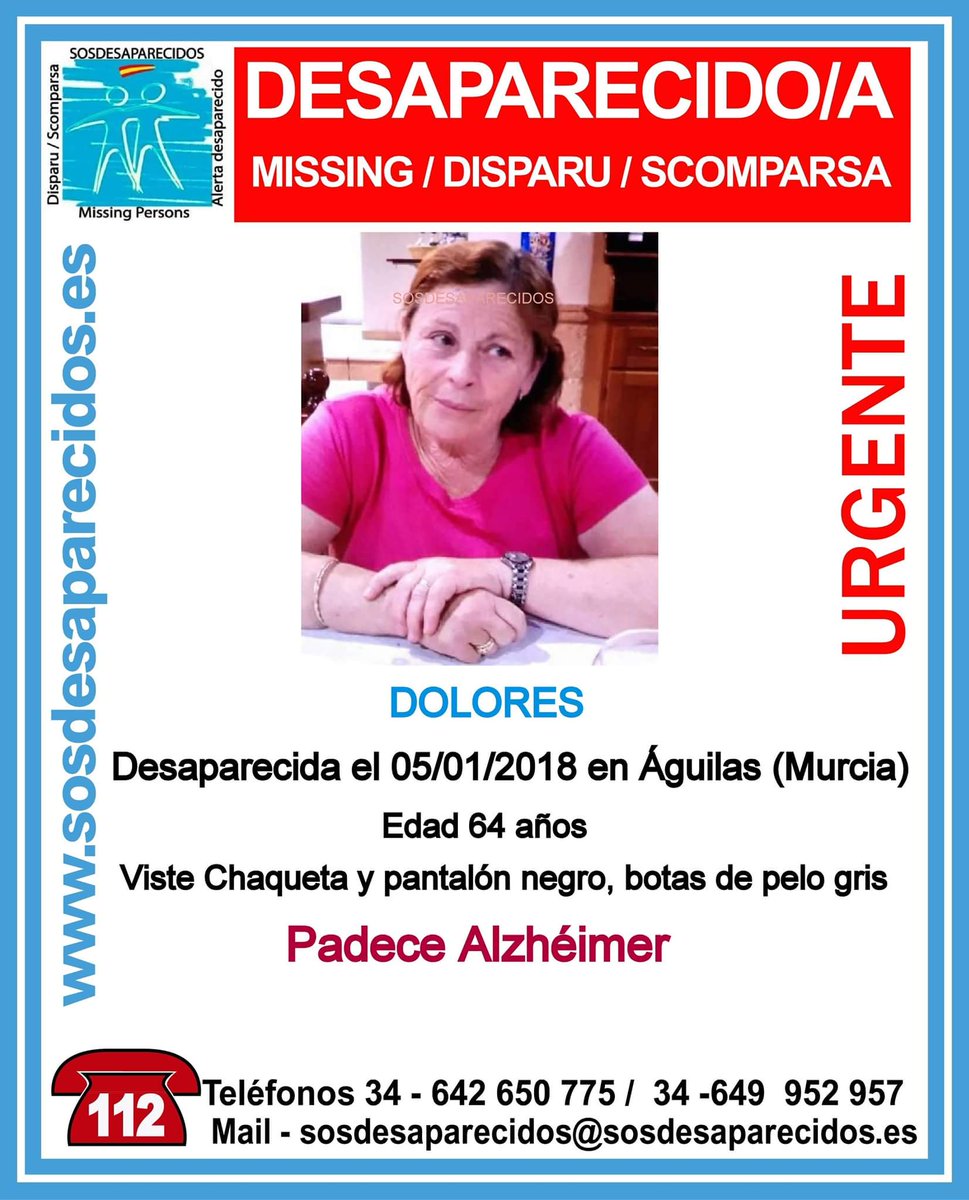 guardiacivil's tweet photo. ⚠#Urgente🆘
Dolores padece #Alzheimer y ha #desaparecido en Águilas #Murcia  
Si la ves
📞062
📞112
Tu RT no cuesta nada y puede ayudar mucho https://t.co/Evwi9zwyYk