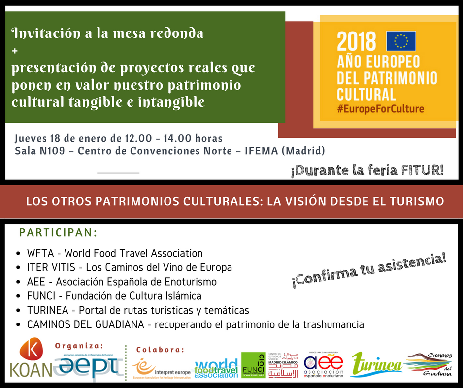 KoanConsulting's tweet photo. 18/01 No te pierdas nuestro evento de #patrimoniocultural en @fitur_madrid para dar la bienvenida al Año Europeo de Patrimonio Cultural 2018. Confirma tu asistencia: https://t.co/eQdA8nF7jG @CTurResponsable @ChusPangea @minubeschool @ecomuseominero @formagrupo @PactoMundial https://t.co/1iuOmltEtW