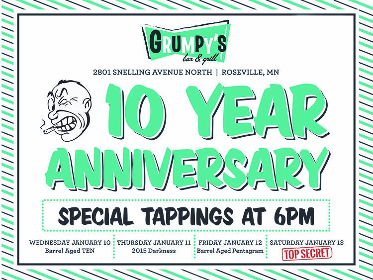 Grumpy's Roseville Turns TEN! Celebrate with @surlybrewing next week! #GetSurly @surlybrewing #MNBeer #Darkness / #DoubleBarrelPentagram / BA #TEN / #SURPRISE Do it!