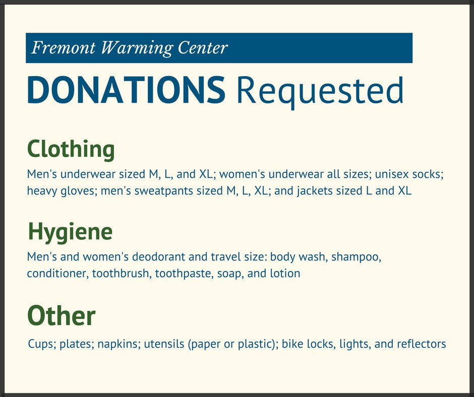 A big thanks to everyone who has supported the #Fremont Warming Center! We're halfway through our season and would like your help in collecting much needed items. For more info call Compassion Network 510-796-7378 or visit Fremont.gov/WarmingCenter
