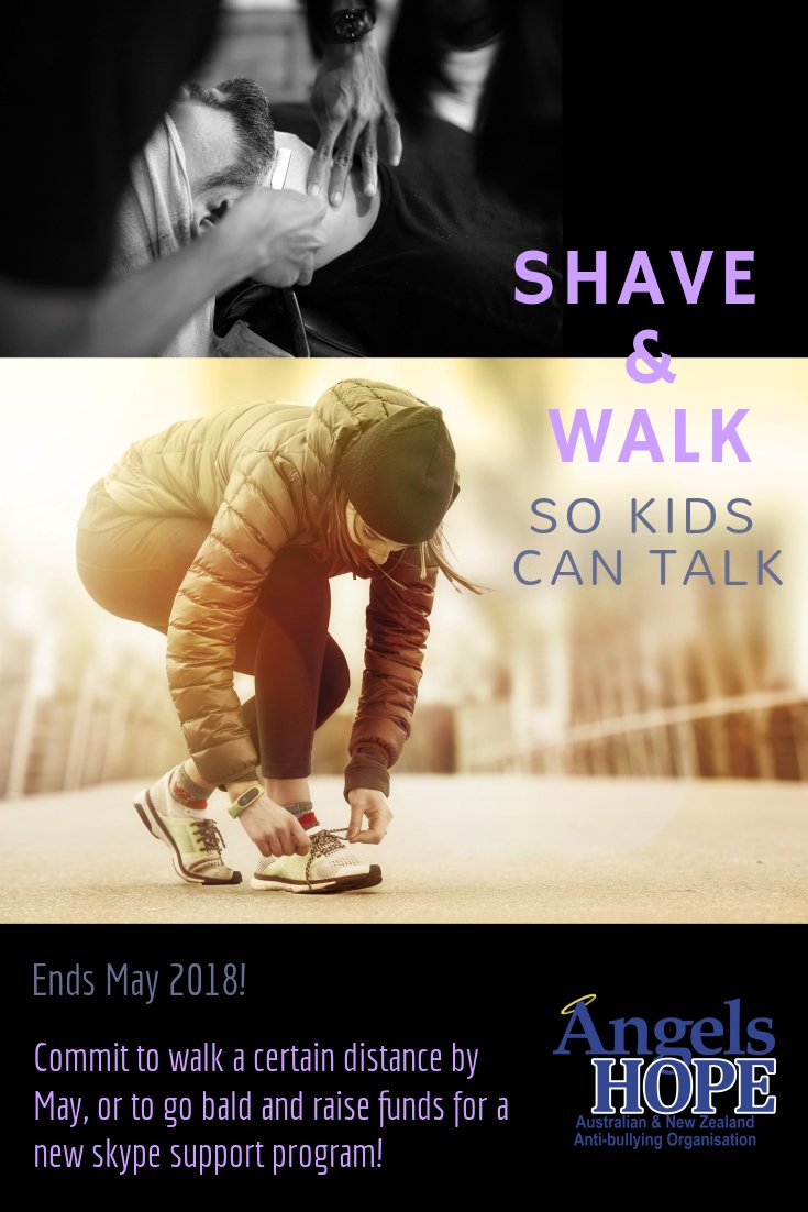 AngelsHopeAUNZ's tweet photo. "Shave and walk so kids can talk!" is the name of our fundraiser this year!
Big changes coming, our twitter and instagram will be updated with all these changes! Exciting year ahead for Angels Hope! 

#antibullying #newbeginnings #2018goals #charityorganisation #Mentalhealth https://t.co/HMFztLZv4N