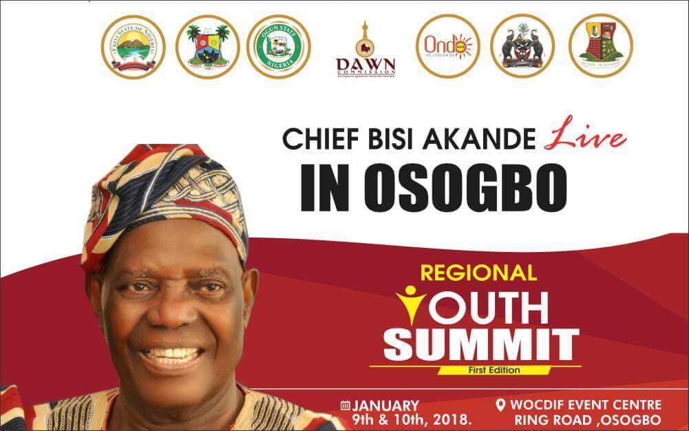 AjiboyeMaruff's tweet photo. Chief Adebisi Akande will be live in Osogbo on 9th and 10th of January, 2018 at WOCDIF event center for Regional Youth Summit, He will be there for Productivity Prosperity and peace.
Join us.
#WEST2040 
@AAAjimobi 
@AkinwunmiAmbode 
@Govsia 
@GovAyoFayose 
@RotimiAkeredolu https://t.co/L5j2tt6AVY