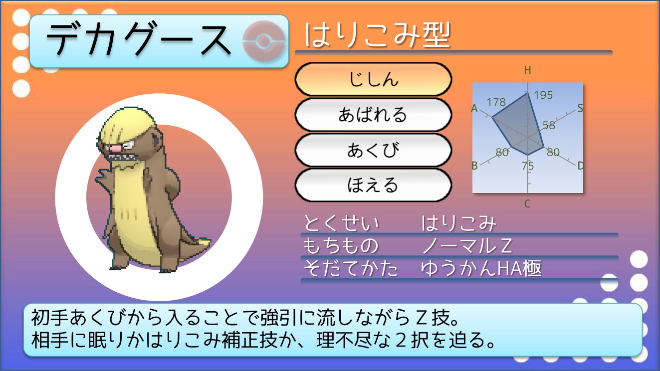 てつぼう ポケモンusum育成サンプル はりこみデカグース 流し性能皆無なので あくびで強引に流す 特性はりこみは相手が 交代したターンの火力２倍なので 超火力ｚ技を叩きこむことができる ロマン性あふれる型 T Co Pgd8q8qo24 Twitter