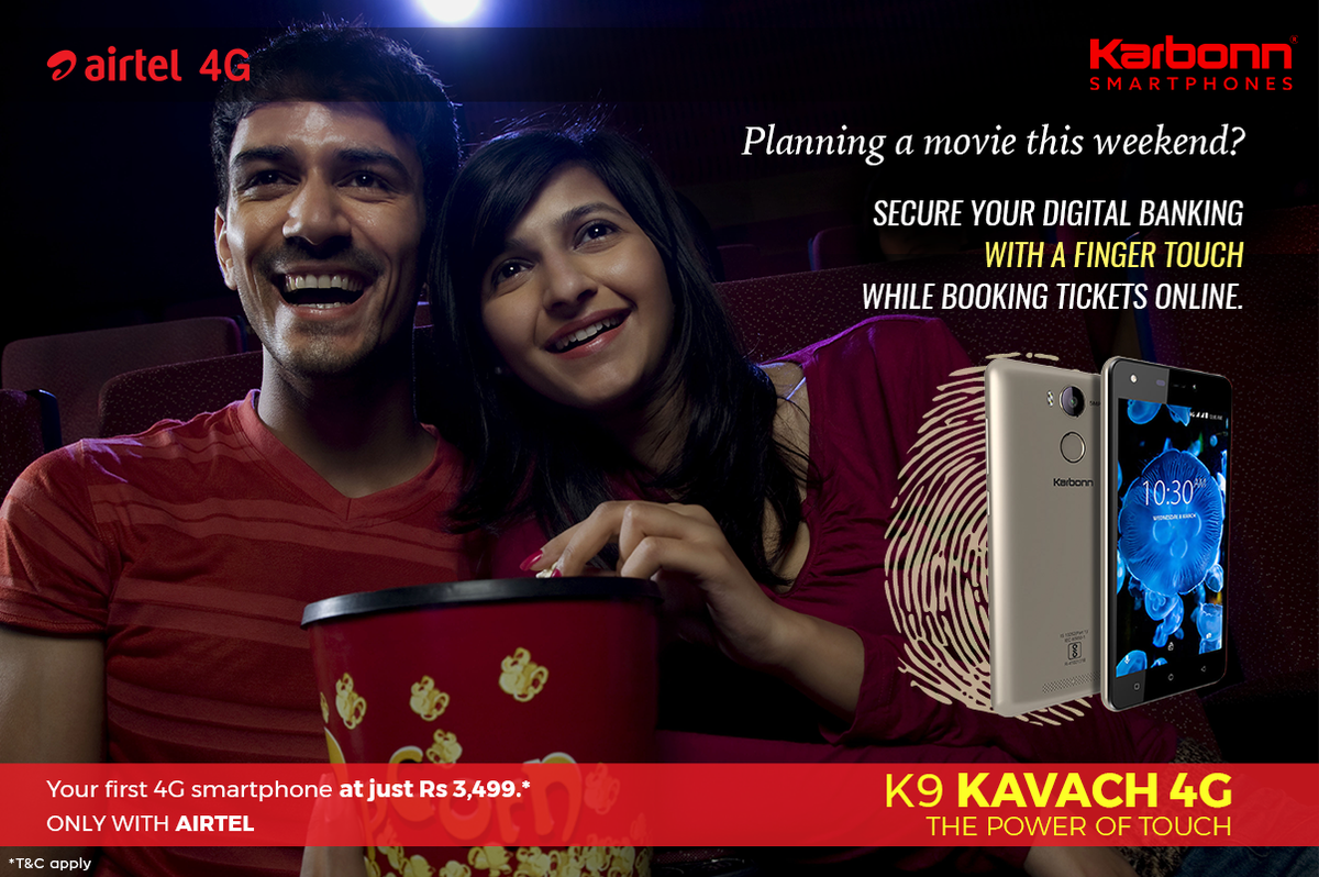 KarbonnSmart's tweet photo. Make some plans. Book online. Enjoy the weekend! Secure your online transactions with #FingerTouch on #Karbonn #K9 #Kavach #4G. Now available for just Rs. 3,499* in association with #Airtel. Know more: https://t.co/Lux7kykkhQ https://t.co/W8AkDzB4fZ
