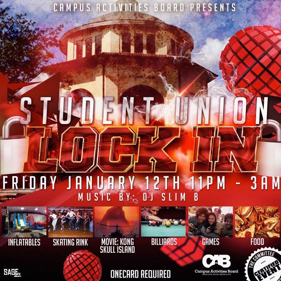 jimihuedrix's tweet image. 🔥Student Union Lock-In 🔥 Friday Jan 12th‼️Doors open at 11pm! Inflatables, Skating Rink, Movie, Pool, Games, &amp;amp; Food‼️VSU 1CARD REQUIRED‼️#CAB #TheC #WelcomeBackWeek