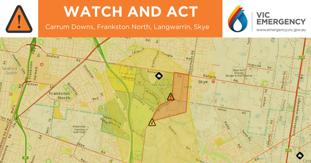 vicemergency's tweet photo. This Watch &amp; Act message is being issued for Carrum Downs, Frankston North, Langwarrin, Skye.

There is a bushfire at BLUE WREN RISE, CARRUM DOWNS that is not yet under control.

https://t.co/KQYo6gvdpR https://t.co/LCiW1c0oHw