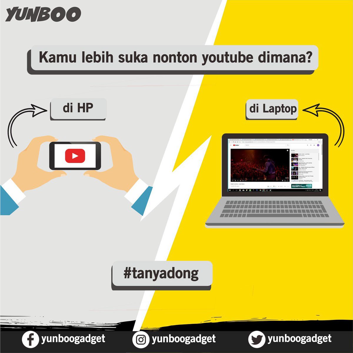 Yunboogadget's tweet photo. Hai hai, siapa disini yang sering nonton drama, serial, film, video clip, prank dll ? pastinya people zaman now udh ga asing bgt ya dengan youtube

kita mau tau dong, kalian kalo nonton youtube lebih suka di hpatau laptop ya?
komen di bawah ya.

#yunbootanya #tanyadong https://t.co/BOq2GW9Llq