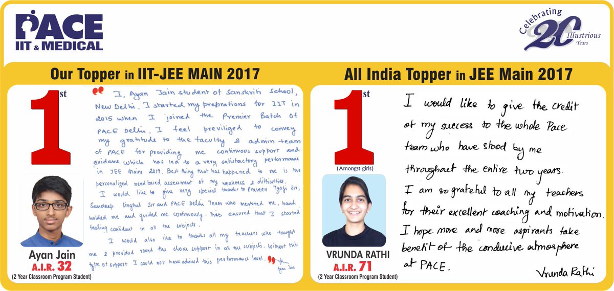 pace_medical's tweet photo. What is the success secret of our JEE Main'17 toppers? Let's hear it from them.
#IIT #JEE #IITJEE #PACE #Engineering #PACEResults #JEEMAIN2017 #JEEMain https://t.co/KWQLfmfQls