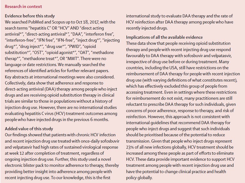 New: Sofosbuvir and velpatasvir for hepatitis C virus infection in people with recent injection drug use (SIMPLIFY): an open-label, single-arm, phase 4, multicentre trial - thelancet.com/journals/langa…
#hepC #nohep #harmreduction <a href="/jasongrebely/">Jason Grebely</a>