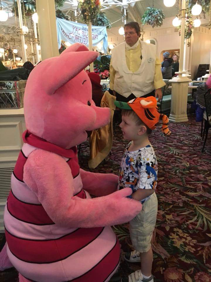 My grandson Hunter in Disneyland meeting piglet