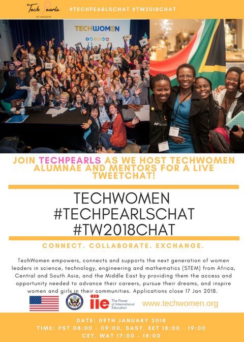 techpearlz's tweet image. Rise and Shine Techpearls! We will be hosting a @TechWomen Tweetchat on Tuesday, January 9 SAST 18:00-19:00, PST 8-9am!We will be chatting to @techwomen alumni @zimbuwa @OnlyNomso @NgwanaM @baratangmiya @emmandori about their experience! #TW2018Chat #TechpearlsChat