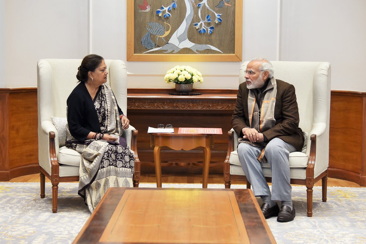 PMOIndia's tweet photo. Chief Minister of Rajasthan @VasundharaBJP Ji called on PM Shri @narendramodi. https://t.co/6YCI8cFQJu