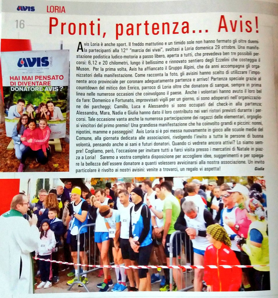 Potete seguire <a href="/Avis_Loria/">AVIS LORIA</a> anche sul giornale "AGORAVIS"
Oggi ci trovate a pagina 16 e vi raccontiamo che #avis è anche #sport 🙌