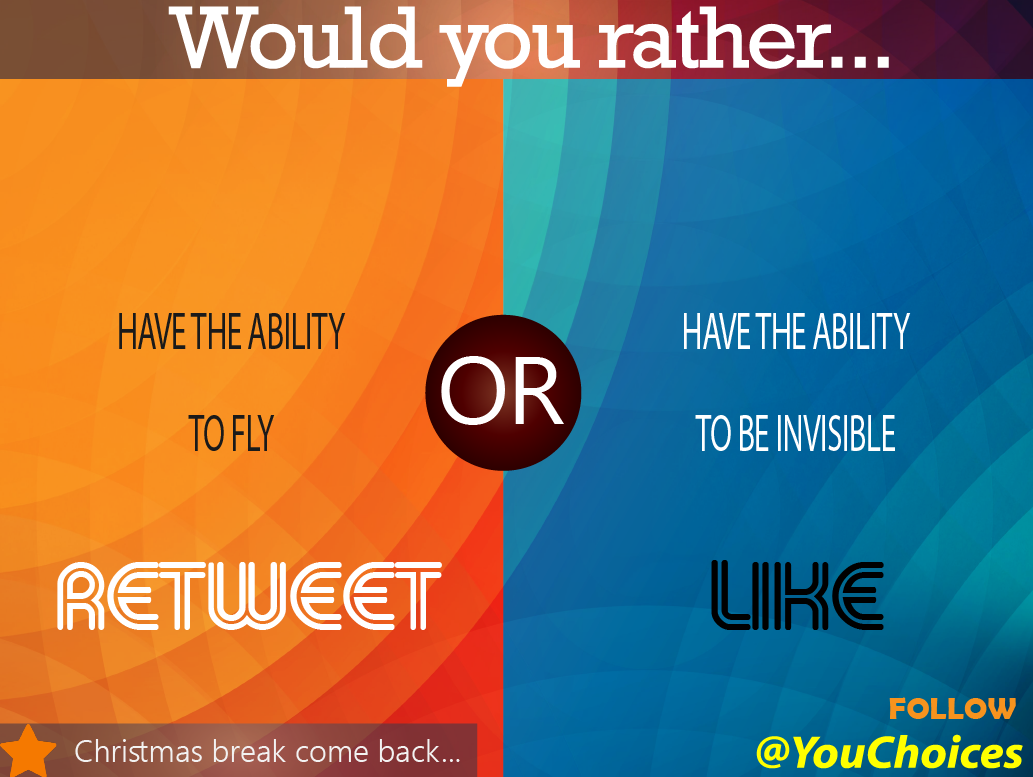 YouChoices's tweet photo. Fly or invisible? https://t.co/9QGQnrtSvE