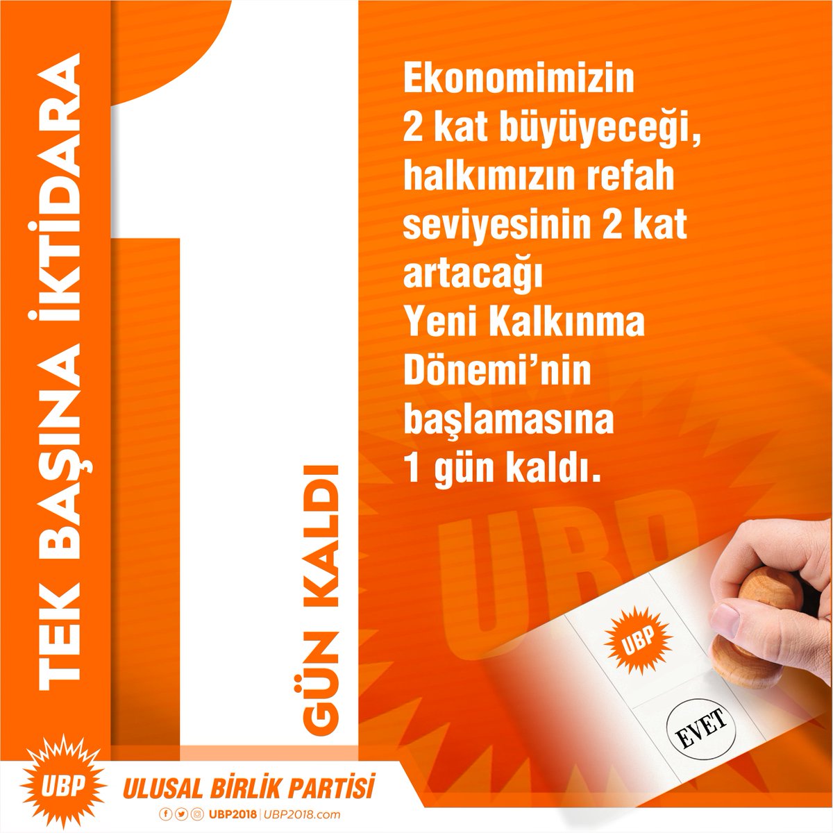 Tek Başına İktidara 1 gün kaldı. #BirOluruzBaşarırız #Biriz #B1riz #TekBaşınaİktidar #UlusalBirlikPartisi #UBP2018