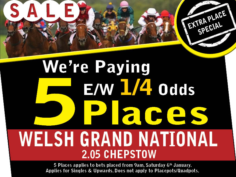 Fantastic each way terms on the Welsh National today. 1/4 odds the first 5 places.  Other firms giving an extra place are all 1/5 the odds. Get into one of our shops for the best terms on the big race #WelshNational