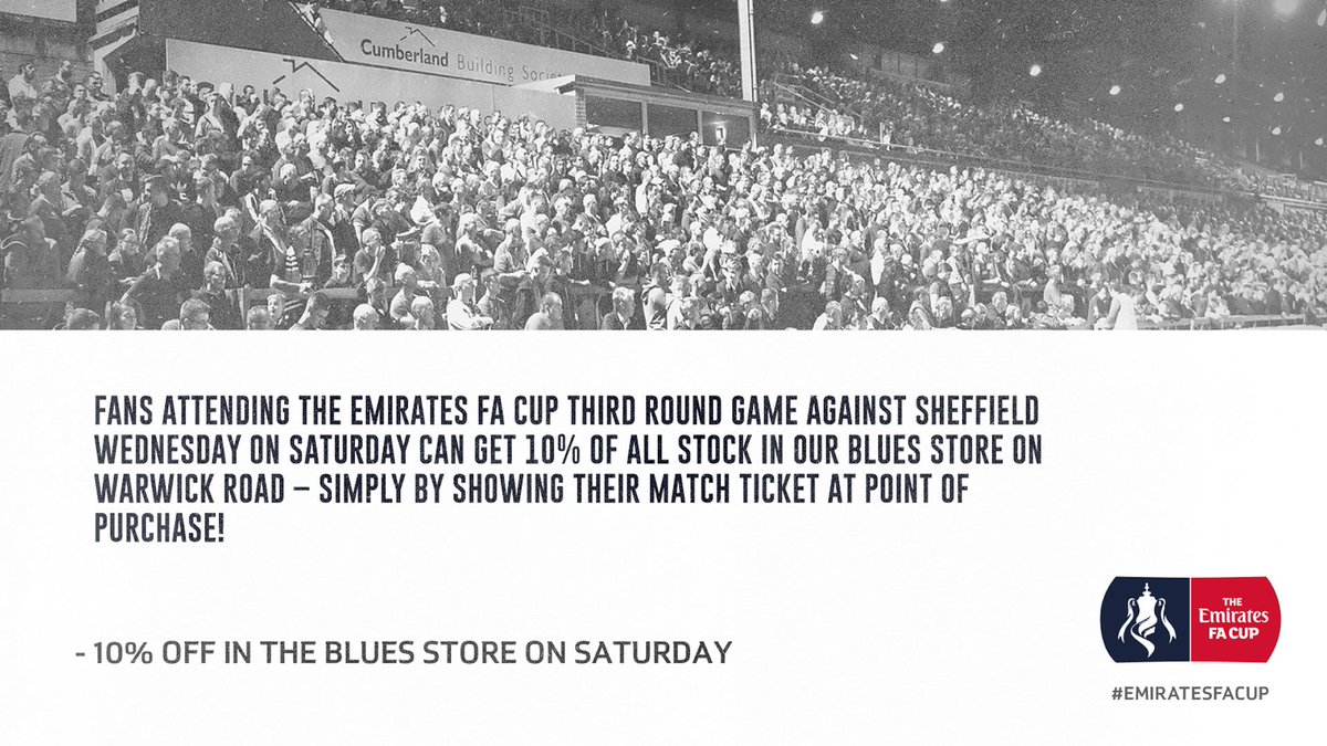 CUFCBluesStore's tweet photo. Remember - show your match ticket in the Blues Store today and receive an extra 10% off your purchase (additional to existing offers and promotions) - https://t.co/2ztKQjvxSq https://t.co/f0y8vezLzo