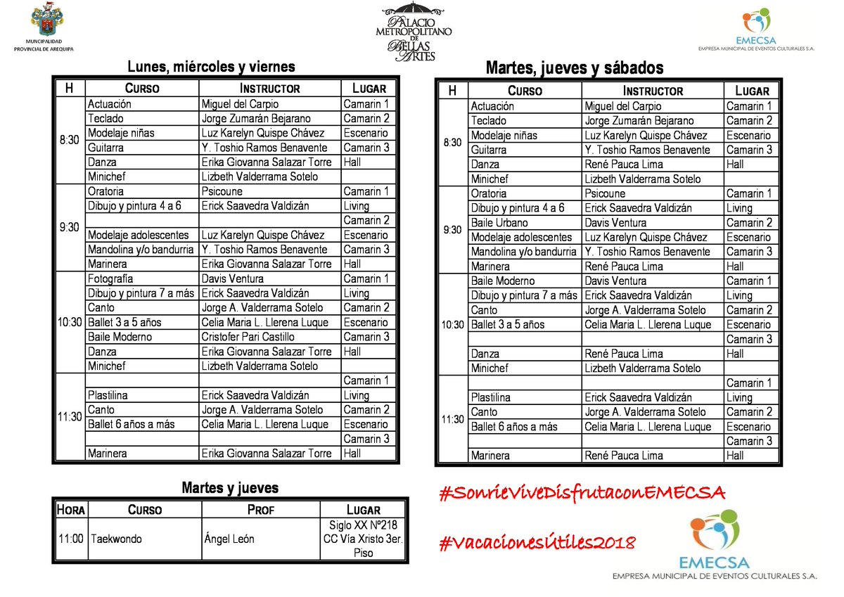 EmecsaAqp's tweet photo. ¡APRENDE COMO JUGANDO! Horarios Temporada 2018
Por 60 soles los engreídos de casa durante estas #vacacionesverano pueden aprender distintas habilidades que ayuden en su formación personal. @EmecsaAqp viene dictando los siguientes cursos de vacaciones útiles 100% garantizados https://t.co/h12mie0iW9