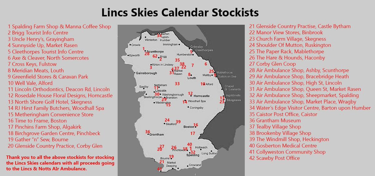 LincsSkiesComp's tweet photo. Lincs Skies calendars are now half price! A great way to support Lincs &amp; Notts Air Ambulance. Only £5 for A3 and £4 for slim sizes. Buy in these outlets or online: https://t.co/Nr1Jdj4Bs3 https://t.co/c6NYvwJi9r