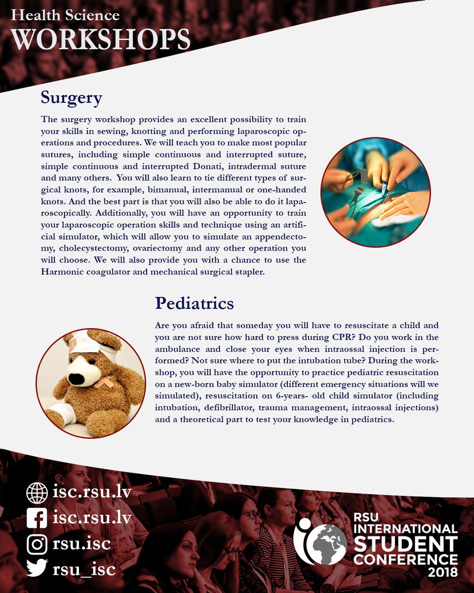 RSU_ISC's tweet photo. Are you an upcoming surgeon or a pediatrics student? These two amazing workshops are going to keep your hands busy! Submissions open starting February 1st!
More info: https://t.co/APfYCxRKsX  
Facebook: https://t.co/oM1bKDg2He
#rsusp #rsuisc #isc2018 #health #science #workshop https://t.co/ZF6ew5JhTw
