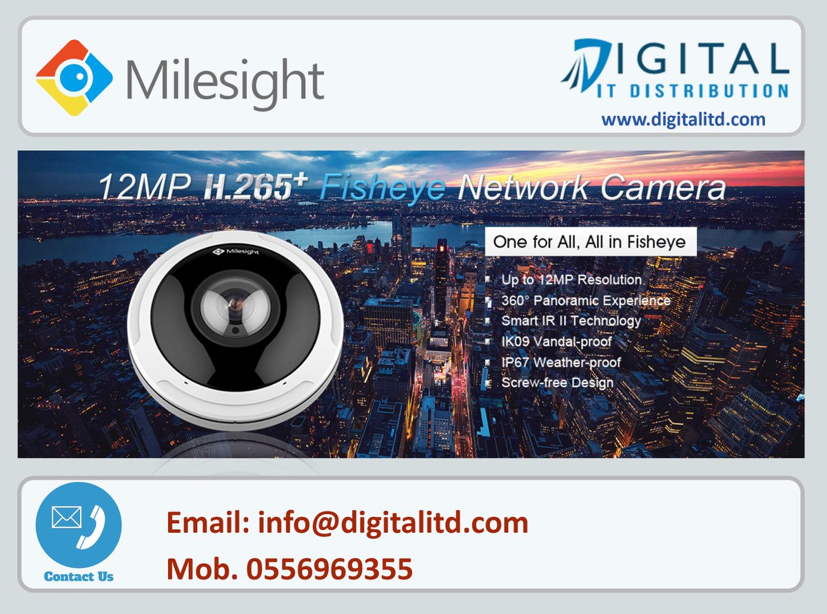 digitalitd2's tweet photo. #Milesight_12MP_Fisheye_Network_Camera 
Up to 12MP Resolution H.265+
360 Panoramic Experience 
Smart IR II Technology
IK09 Vanda Proof 
IP67 Weather proof 
Built-in Microphone 
Contact us 
https://t.co/wvC1ObUN9O
info@digitalitd.com
0556969355 https://t.co/GP45OYzYPa