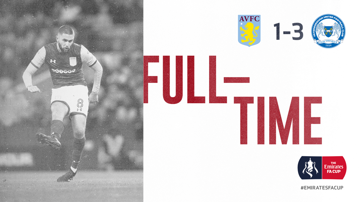 FT: #AVFC 1-3 #PUFC...

Marriott nets on the break late on with Villa pushing everything forward. A disappointing exit from the #EmiratesFACup. 

#PartOfThePride