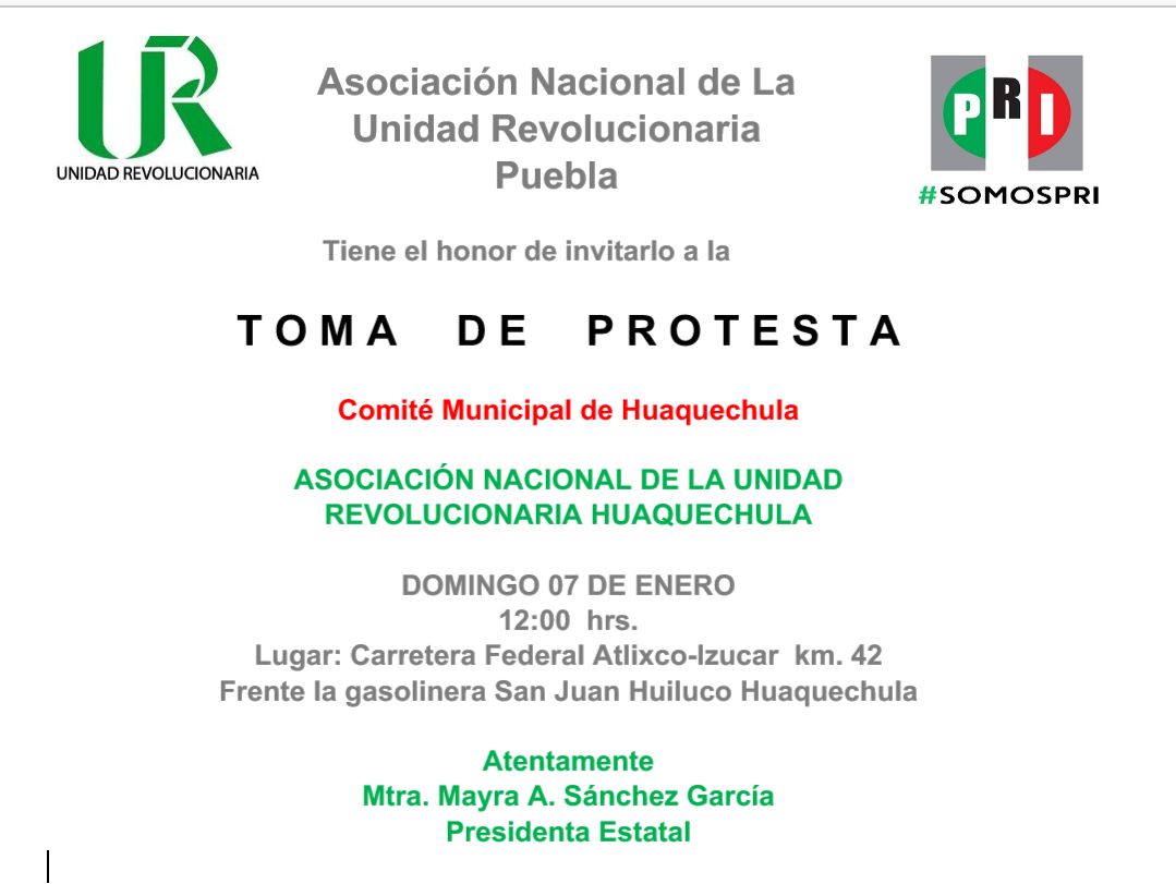 MFRCUAUTLANCING's tweet photo. #URPuebla tiene el honor de  invitarle a la Toma de Protesta de #URHuaquechula no faltes !!!
#SoyUR
#RevoluciónPresente @EstefanChidiac @UR_Nacional @PRIdePUEBLA @JoseAMeadeK @EnriqueOchoaR @ruizmassieu @LorenzoRiveraN @rgolmedo @PRI_Nacional https://t.co/jzqtDRrVVj