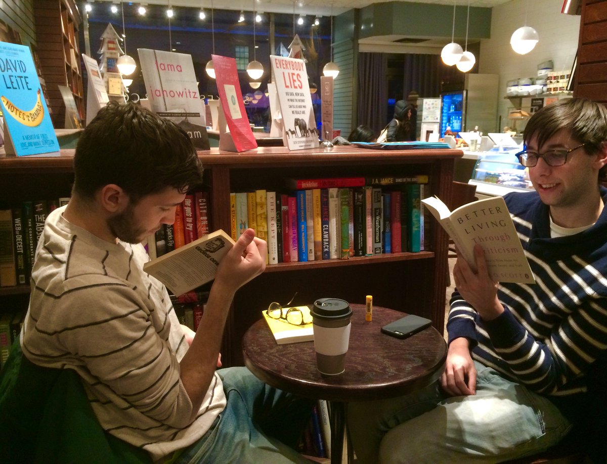ShakeandCoBooks's tweet photo. Our #Booksellers during their break ☕️. Wyatt reads #GeorgeOrwell and Nicholas reads #AOScott’s #BetterLivingThroughCriticism.📕
What is your favorite read?
#favoritebook #bookstagram #indiebookstore #WhatIRead #classics #greatbooks https://t.co/1XxbtC3BQP
