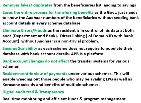 Advantages of Aadhaar Payment Bridge System (APBS) to Departments  #Aadhaar linkage in the Government and Bank databases provides end-to-end visibility of subsidy and benefits payments from Government to the beneficiaries 6/n