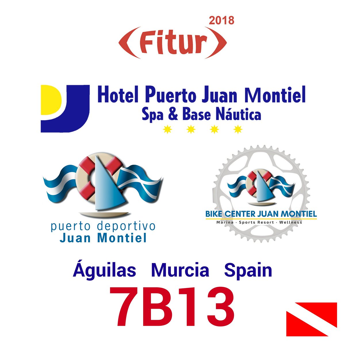 HPtoJuanMontiel's tweet photo. Os esperamos en| See you in  #FITUR2018
@fitur_madrid #HotelPuertoJuanMontiel, #PuertoDeportivoJuanMontiel &amp; #BikeCenterJuanMontiel. #Águilas #CostaCálida #Murcia @spain #Hotel #Marina#Diving #Buceo #NauticalActivities #Bike #Ciclyng #Golf https://t.co/YhRXUdc5ZM