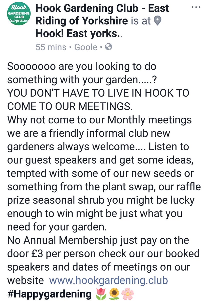 Come & visit Hook #gardeningclub 
#monthlymeetings #guestspeakers #horticulturalspeakers 
#raffle #seedswap #plantswap
#freerefreshments #noannualmembership #payasyouvisit #friendlyclub
#eastyorkshire #youdonnothavetoliveinhooktocometoourmeetings
#newgardenersalwayswelcome 🌸💮🌷