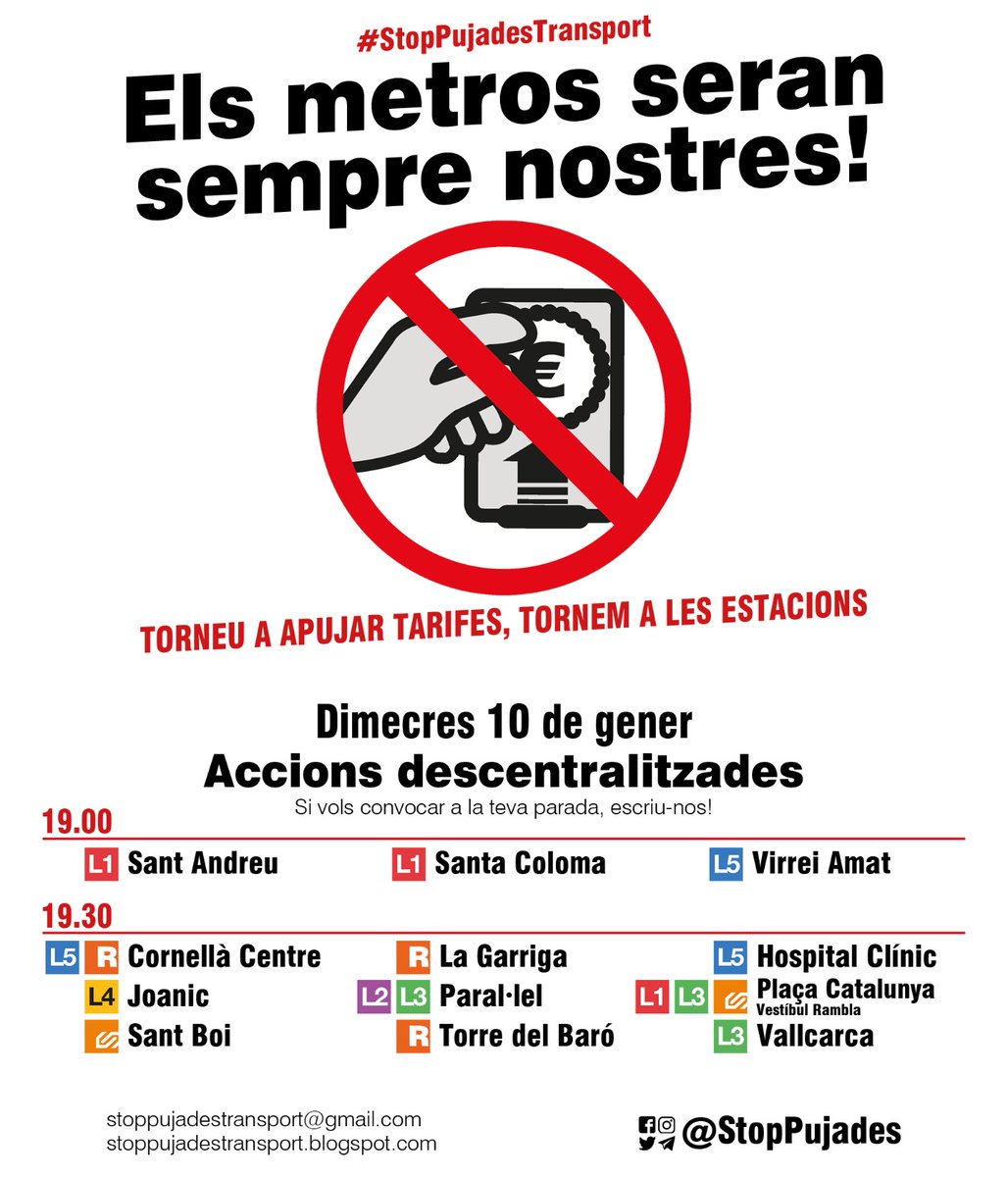 A #Vallcarca també ens mobilitzem contra la pujada de tarifes! Dimecres 10/1 a les 19.30 h a la parada de metro de Vallcarca L3, acció #StopPujadesTransport. Per un 2018 de lluita, ni un pas enrera: ens hi va la vida!