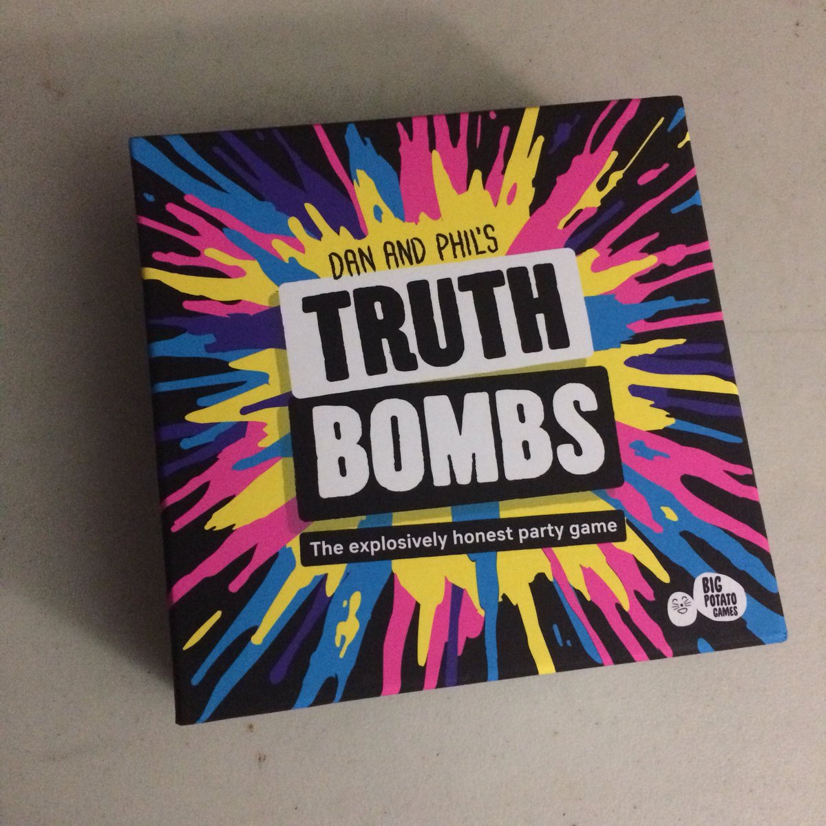 AvieDabber's tweet photo. @bigpotatogames, @danielhowell &amp; @AmazingPhil MY FRIEND GAVE ME #truthbombs FOR CHRISTMAS!! I brought it to school the other day and me and my friends played back to back, and they were new friends, so we really got to know each other! Thanks for making such a great game! https://t.co/Mp15YCPMDm