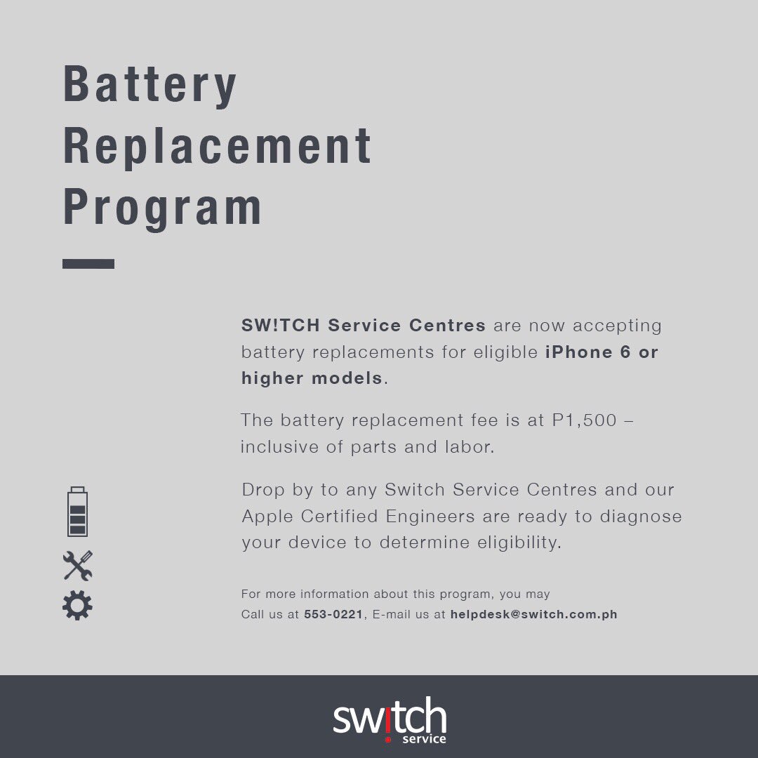 _SwitchPh's tweet photo. We are now offering Battery Replacement Program. For more information about this program, you may call us at 553-0221 and/or e-mail us at helpdesk@switch.com.ph ✨ #SwitchPH #SwitchServicePH https://t.co/6JY5K7DzIq