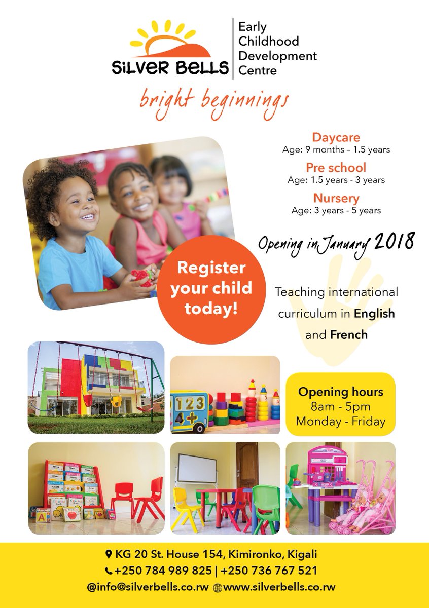 SilverBellsRW's tweet photo. Calling all parents in #Kigali! Registration for Children 9 months – 5 years is open! Visit us today at KG20 Ave, House 154, Kimironko Kigali to check out our facilities. Call us on +250 784 989 825 | +250 736 767 521 #RwOT #Kigali #daycare #nursery #preschool https://t.co/Ddv8gmFoah