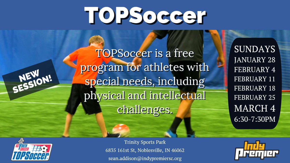 IndyPremierSC's tweet photo. Join us for a TOPSoccer buddy meeting this Sunday from 12:30-2pm at Trinity Sports Park! This is a mandatory meeting for those looking to be a TOPSoccer buddy. Learn how to help our athletes make the most out of their TOPSoccer experience! https://t.co/KU4sdipQ7Q