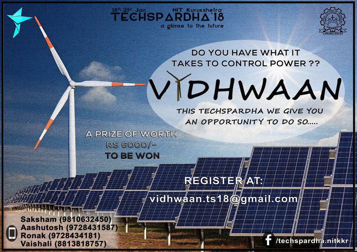 tsnitkkr's tweet photo. *VIDHWAAN*
EVENT DESCRIPTION
Wanna know more about the Indian Electricity Grid and explore the whole new dimension of the electrical world, come and participate in VIDHWAAN....
Lets play with "POWER SYSTEMS".....
#ts18 https://t.co/Cz17NocIdA