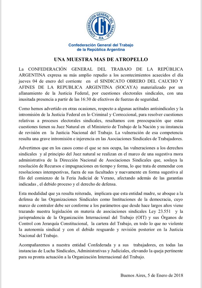 COMUNICADO #CGT 
“UNA MUESTRA MAS DE ATROPELLO” facebook.com/JuanCSchmid/po… Cc <a href="/CasaRosada/">Casa Rosada</a> <a href="/mauriciomacri/">Mauricio Macri</a> <a href="/marquitospena/">Marcos Peña</a> <a href="/JorgeTriaca/">Jorge Triaca</a> <a href="/Guillodietrich/">Guillo Dietrich</a> <a href="/EmilianoRusso77/">Emiliano Russo</a> <a href="/ElizabethPeger/">Elizabeth Peger</a> <a href="/nbalinotti/">Nicolás Balinotti</a> <a href="/JulioPiumato/">Julio Piumato</a> @OMARPLAINI <a href="/MundoGremial/">Mundo Gremial</a> <a href="/JuanPabloBrey/">Juan Pablo Brey</a> <a href="/CarlosPagni/">Carlos Pagni</a> @CATT_Prensa