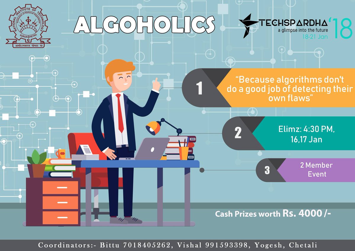 tsnitkkr's tweet photo. 'ALGOHOLIC is an event where you get the most interesting problems. In this you need to optimise the code in the best way possible, either by using existing algorithms or you can use your own.
Register here:
https://t.co/U2QcWLl5KF
#ts18 https://t.co/XcL71msijt