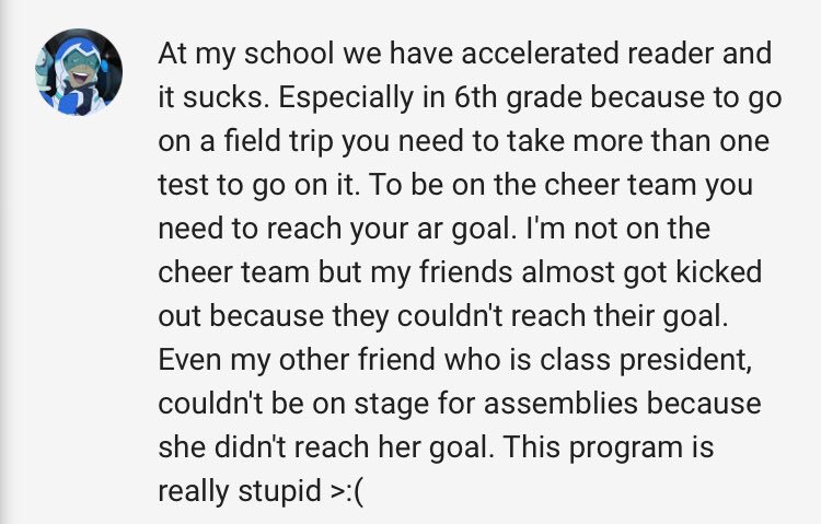 colbysharp's tweet photo. I went on a bit of an Accelerated Reader rant a couple of months ago. Some kid found it online and left this comment. My heart hurts for kids that are at schools that use AR. https://t.co/qtQK3rWMHc https://t.co/gH8jaRHvmD