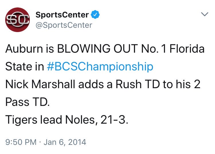 OldTakesExposed's tweet photo. Four years ago today, Auburn went up 21-3 on FSU in the BCS National Chanpionship Game... https://t.co/KaEfgLcoPB