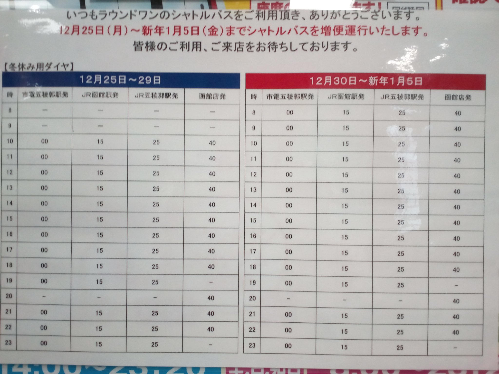 ラウンドワンスタジアム函館店 シャトルバス ラウンドワン函館のシャトルバスが 1月8日まで増便します ラウンドワン函館店行けるチャンスが増えるので 是非遊びに来て下さい 詳しくは画像の運行表を見てご確認お願いします 函館 ラウンド ラウンドワンスタジアム函館店 シャトルバス ラウンドワン函館のシャトルバスが 1月8日まで増便します ラウンドワン函館店行けるチャンスが増えるので 是非遊びに来て下さい 詳しくは画像の運行表を見てご確認お願いします 函館 ラウンド