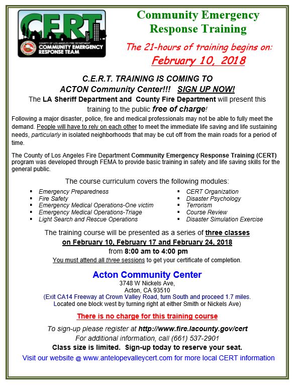 PalmdaleSheriff's tweet image. FREE 3 Day CERT Training coming to Acton in February!!
Sign up now!!!
nixle.us/9STEX 
#CERT #AV411