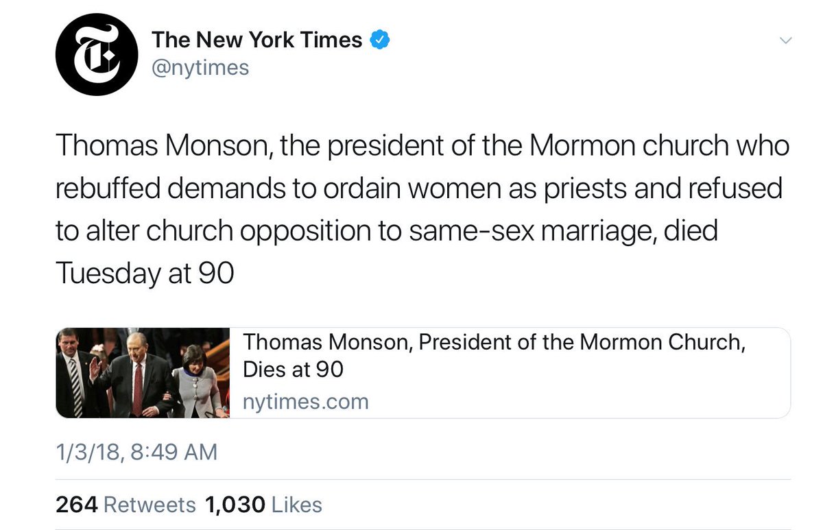 9NewsNancy's tweet photo. Somehow @NyTimes has demonized #ThomasMonson because he refused to change the Lord’s plan for traditional marriage.
FYI, people are free to choose.
They are NOT free to change God’s commandments.
#Christian
#Bible
#LiveWithIt😏 https://t.co/uAGebjpCKW