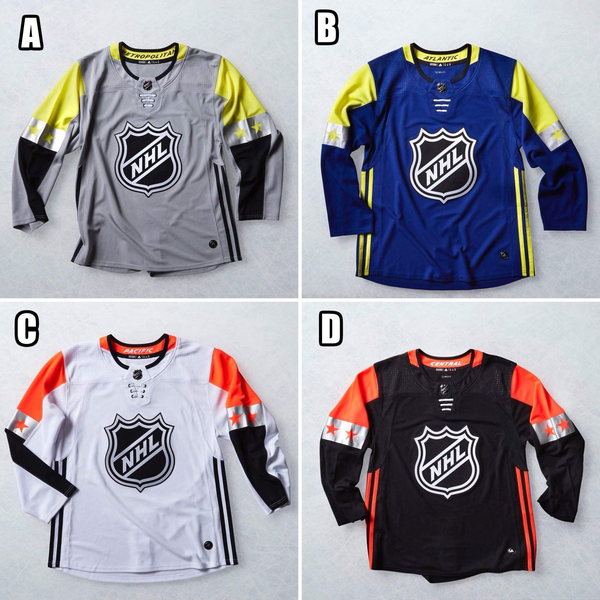 PlayOnCanada's tweet photo. Which of these #NHL #AllStar sweaters would your #PlayOn squad rock at a 2018 tourney? #StreetHockey #RoadHockey #DressedToImpress https://t.co/jPipqzeayK