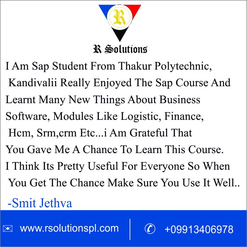 rsolutionspl1's tweet photo. Smit Jethva reviews https://t.co/XzDL0BbuCa as a happy student learned many things from it.
#Rsolutions #clientreview #SAP #Training https://t.co/vJ8l5Q6VBF