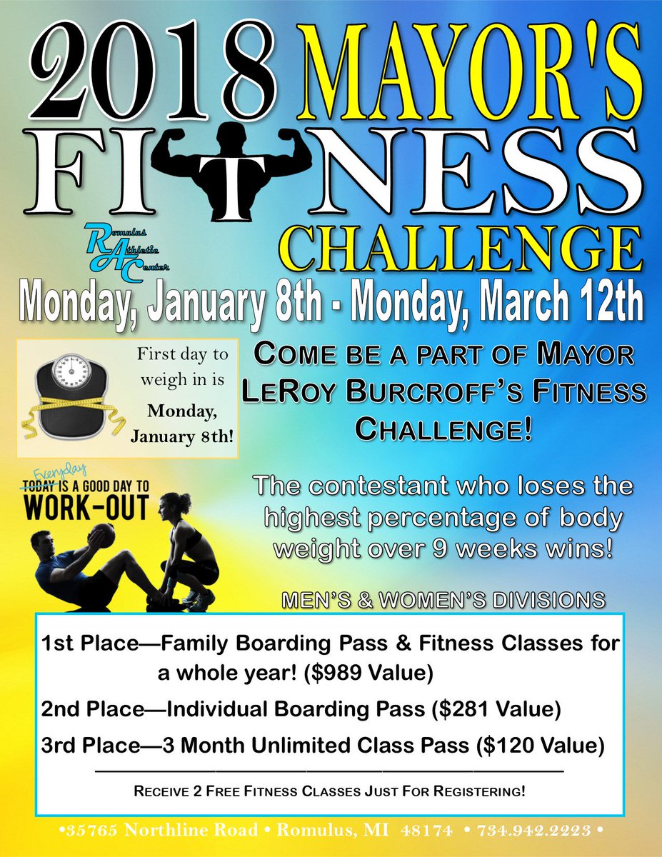 RomulusAC's tweet photo. Get those resolutions in high gear!   The Mayor's Fitness Challenge begins this Monday!   9 week contest, contestant who loses the biggest percentage of overall body weight is the winner!  #Romulus #GetFit #WeighInMonday https://t.co/5VJTLhH1bC