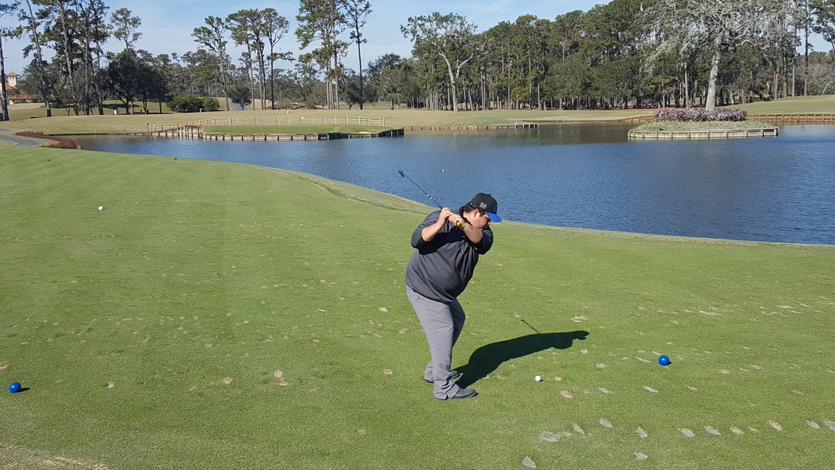 Steve Styres of Six Nations tees off from 17 at TPC Sawgrass. Yep, that's a Bills hat.